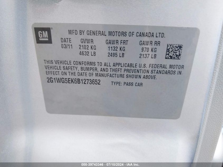 2011 Chevrolet Impala Lt VIN: 2G1WG5EK6B1273652 Lot: 39743346
