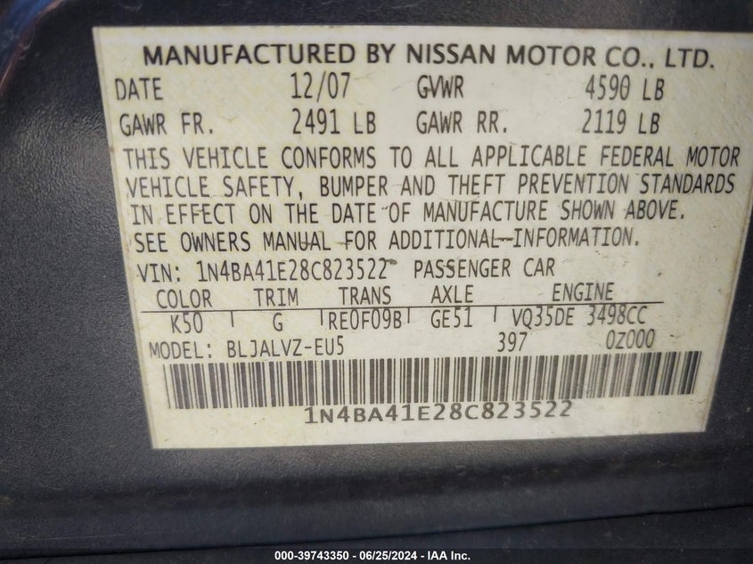 2008 Nissan Maxima 3.5 Se VIN: 1N4BA41E28C823522 Lot: 39743350