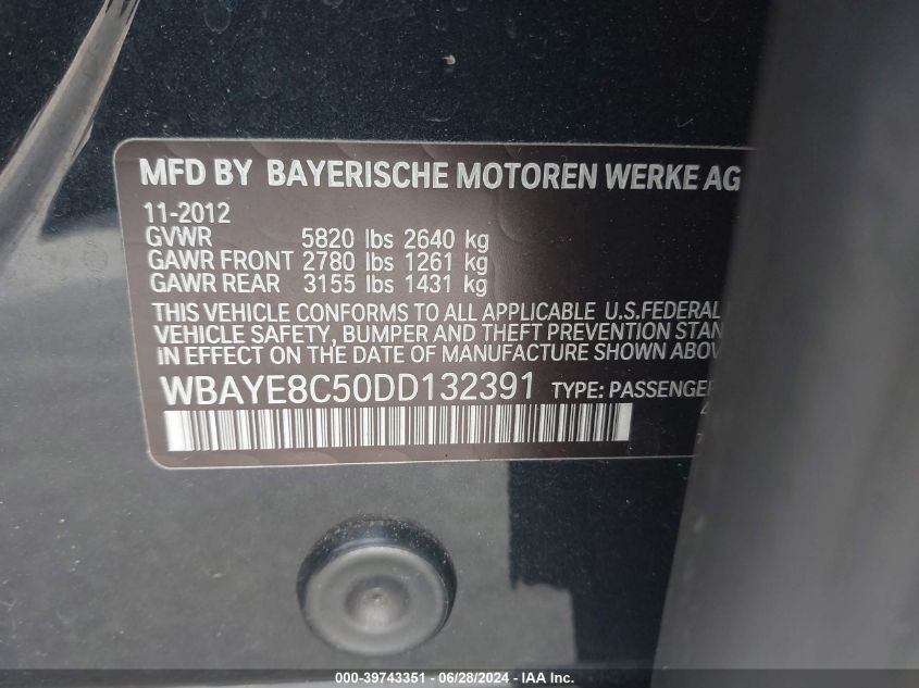 2013 BMW 750Li Li VIN: WBAYE8C50DD132391 Lot: 39743351