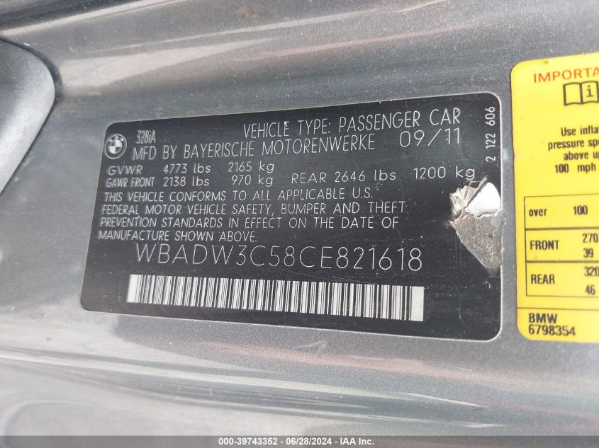 2012 BMW 328I I VIN: WBADW3C58CE821618 Lot: 39743352
