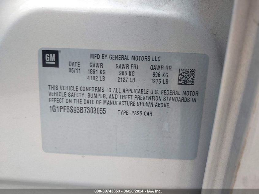2011 Chevrolet Cruze 1Lt VIN: 1G1PF5S93B7303055 Lot: 39743353