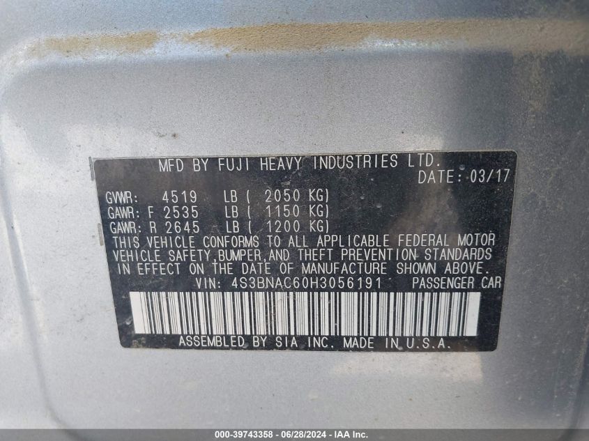 2017 Subaru Legacy 2.5I Premium VIN: 4S3BNAC60H3056191 Lot: 39743358