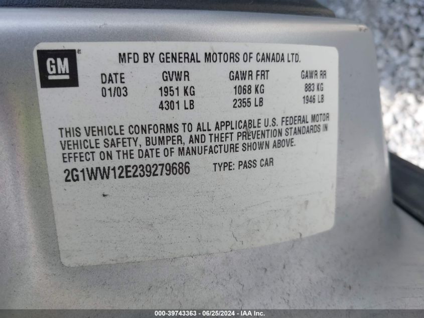 2003 Chevrolet Monte Carlo Ls VIN: 2G1WW12E239279686 Lot: 39743363