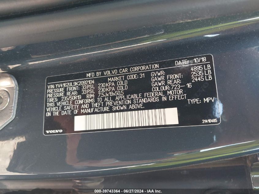 2019 Volvo Xc40 T5 Inscription VIN: YV4162UL9K2092104 Lot: 39743364