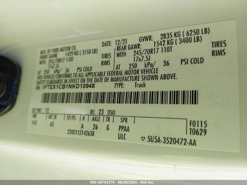2022 Ford F-150 Xl VIN: 1FTEX1CB1NKD10948 Lot: 39743370