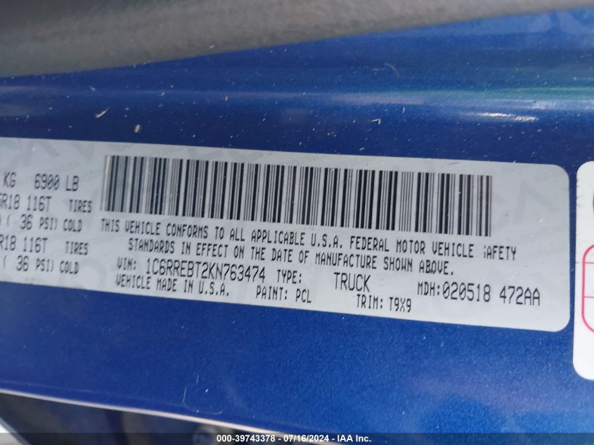 2019 Ram 1500 Big Horn/Lone Star Quad Cab 4X2 6'4 Box VIN: 1C6RREBT2KN763474 Lot: 39743378