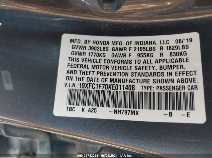 2019 Honda Civic Exl VIN: 19XFC1F70KE011408 Lot: 39743386