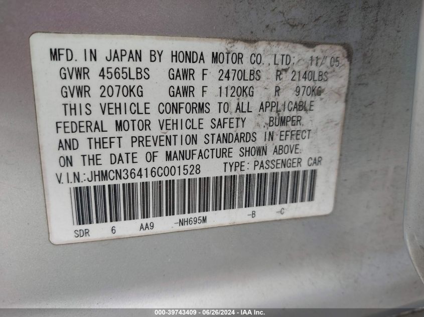 2006 Honda Accord Hybrid VIN: JHMCN36416C001528 Lot: 39743409