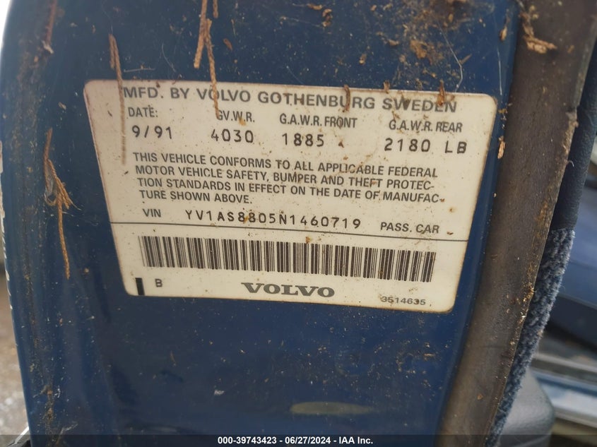 1992 Volvo 240 Gl VIN: YV1AS8805N1460719 Lot: 39743423