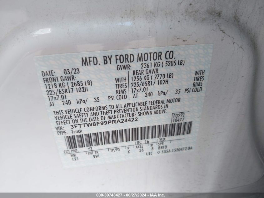 2023 Ford Maverick Xl VIN: 3FTTW8F99PRA24422 Lot: 39743427