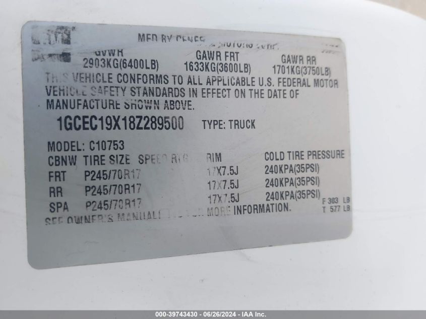 2008 Chevrolet Silverado C1500 VIN: 1GCEC19X18Z289500 Lot: 39743430