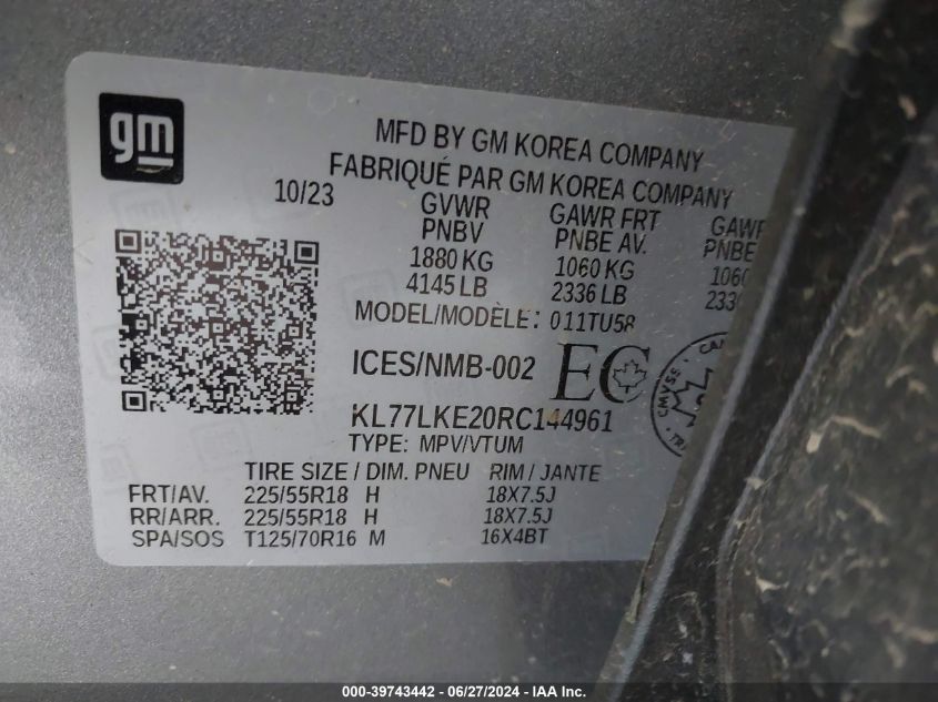 2024 Chevrolet Trax VIN: KL77LKE20RC144961 Lot: 39743442