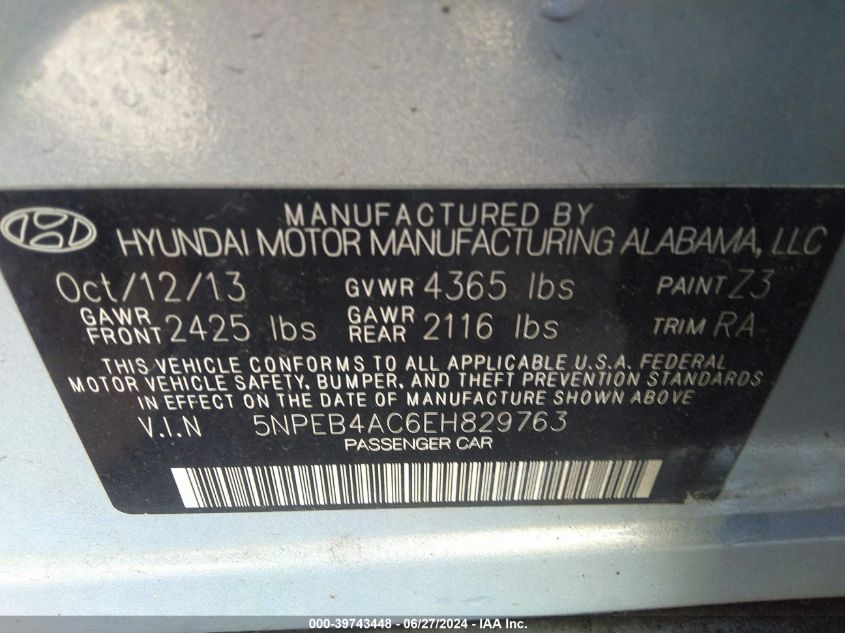 5NPEB4AC6EH829763 2014 Hyundai Sonata Gls