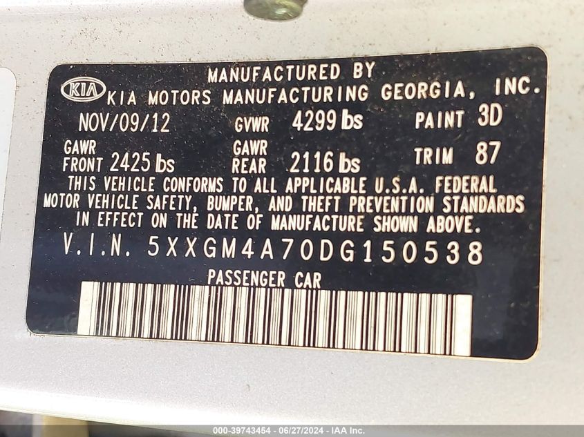 2013 Kia Optima Lx VIN: 5XXGM4A70DG150538 Lot: 39743454