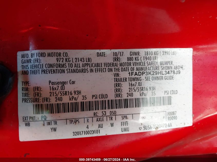 2017 Ford Focus Se VIN: 1FADP3K29HL347839 Lot: 39743459