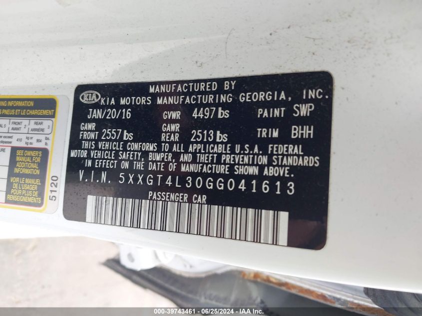 2016 Kia Optima Lx VIN: 5XXGT4L30GG041613 Lot: 39743461
