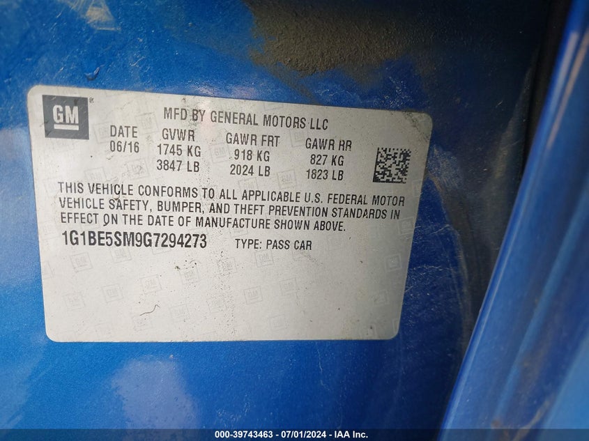 2016 CHEVROLET CRUZE LT AUTO - 1G1BE5SM9G7294273