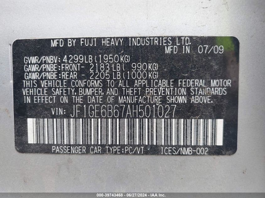 2010 Subaru Impreza 2.5I Premium VIN: JF1GE6B67AH501027 Lot: 39743468