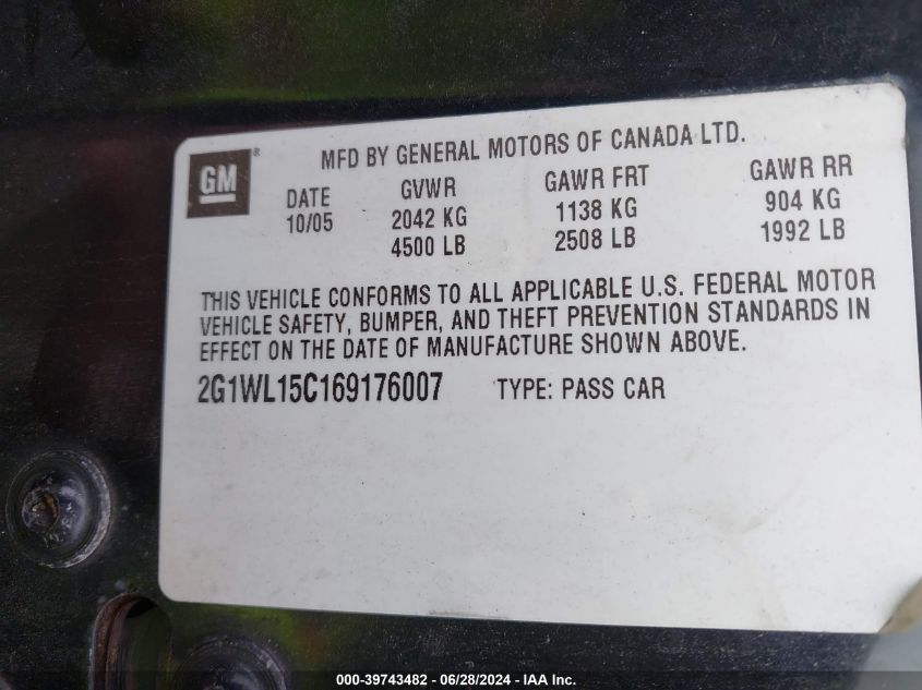 2006 Chevrolet Monte Carlo Ss VIN: 2G1WL15C169176007 Lot: 39743482