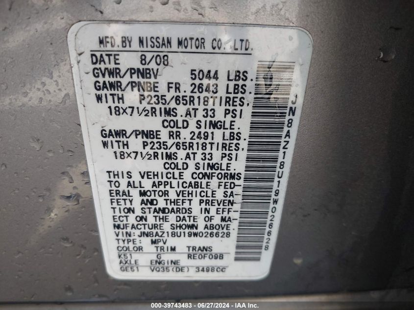 2009 Nissan Murano Sl VIN: JN8AZ18U19W026628 Lot: 39743483