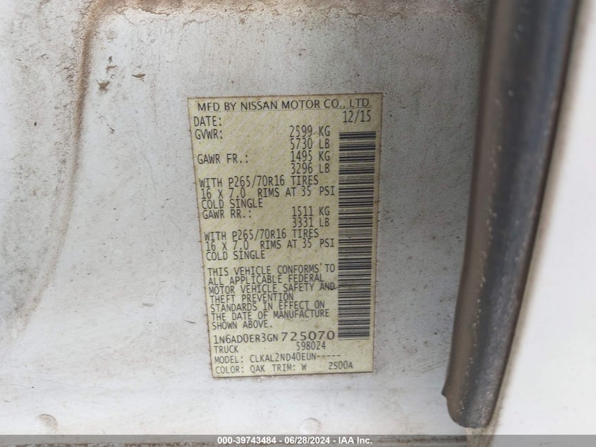 2016 NISSAN FRONTIER DESERT RUNNER/S/SL/SV - 1N6AD0ER3GN725070