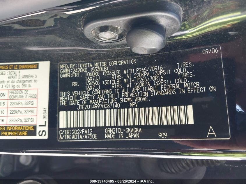 2007 Toyota 4Runner Sr5/Sport VIN: JTEZU14R970087140 Lot: 39743485