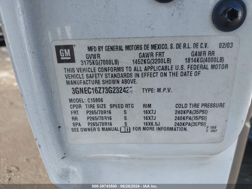 2003 Chevrolet Suburban 1500 Ls VIN: 3GNEC16Z73G232420 Lot: 39743500