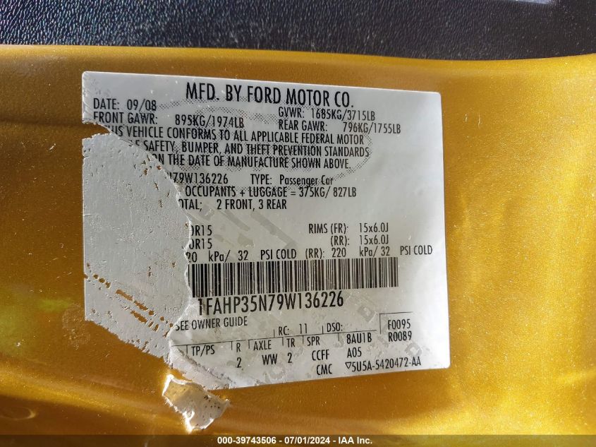 2009 Ford Focus Se VIN: 1FAHP35N79W136226 Lot: 39743506