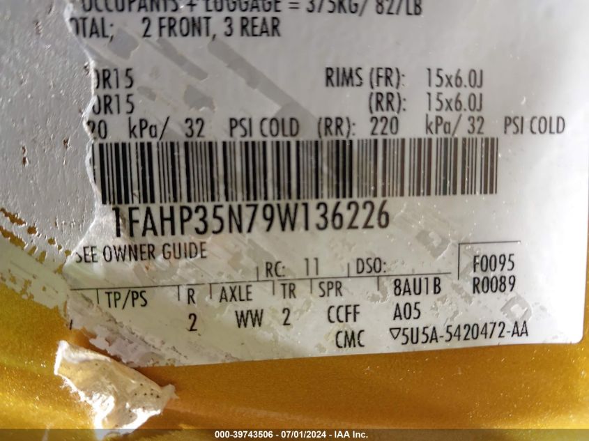 2009 Ford Focus Se VIN: 1FAHP35N79W136226 Lot: 39743506