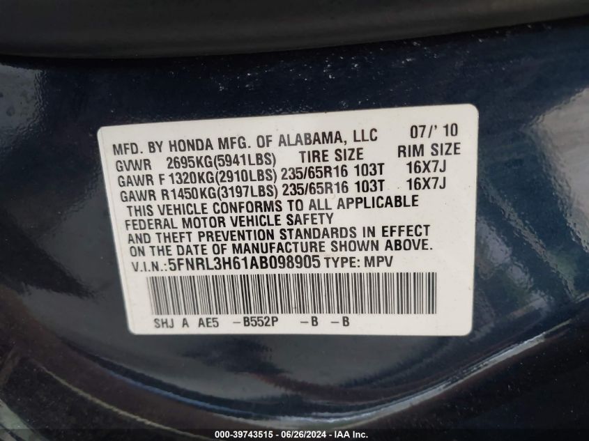 2010 Honda Odyssey Ex-L VIN: 5FNRL3H61AB098905 Lot: 39743515