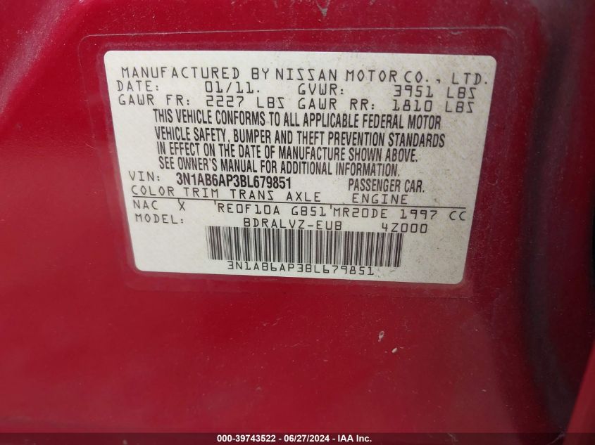 2011 Nissan Sentra 2.0/2.0S/Sr/2.0Sl VIN: 3N1AB6AP3BL679851 Lot: 39743522