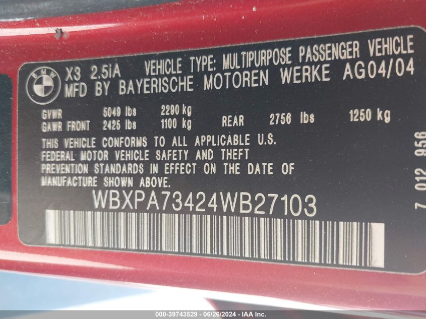 2004 BMW X3 2.5I VIN: WBXPA73424WB27103 Lot: 39743529
