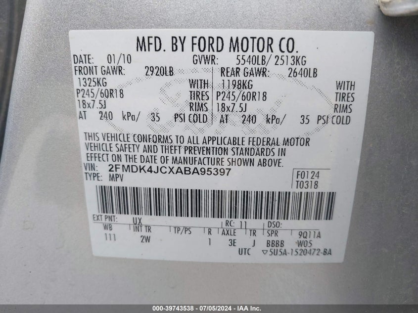 2010 Ford Edge Sel VIN: 2FMDK4JCXABA95397 Lot: 39743538