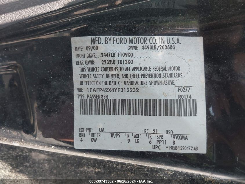 2000 Ford Mustang Gt VIN: 1FAFP42X4YF312232 Lot: 39743562