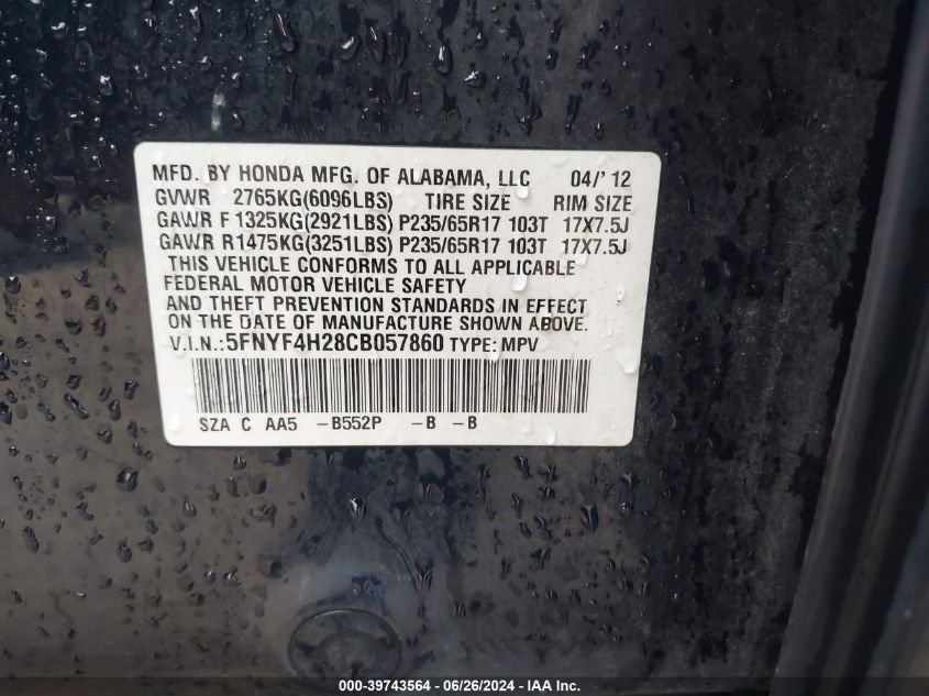 2012 Honda Pilot Lx VIN: 5FNYF4H28CB057860 Lot: 39743564