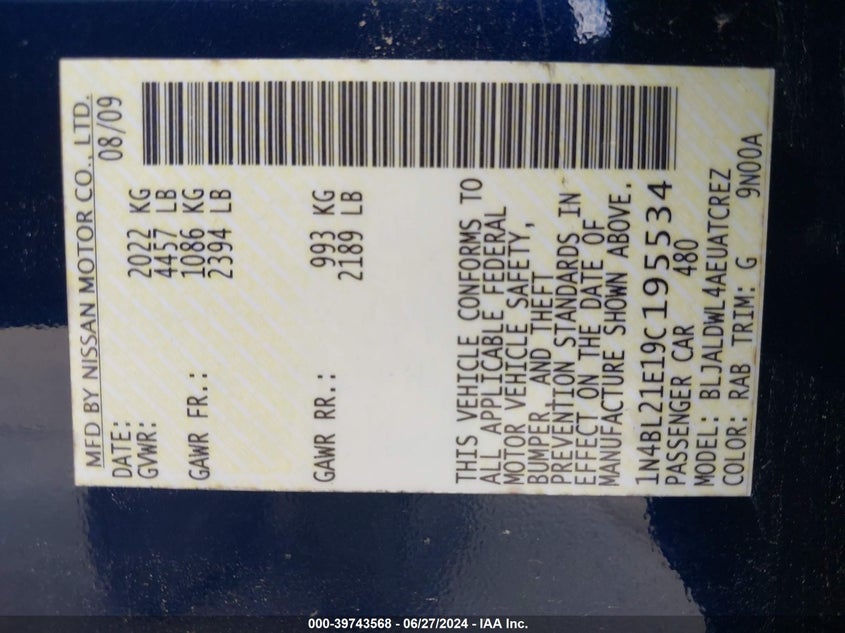2009 Nissan Altima 3.5 Se VIN: 1N4BL21E19C195534 Lot: 39743568