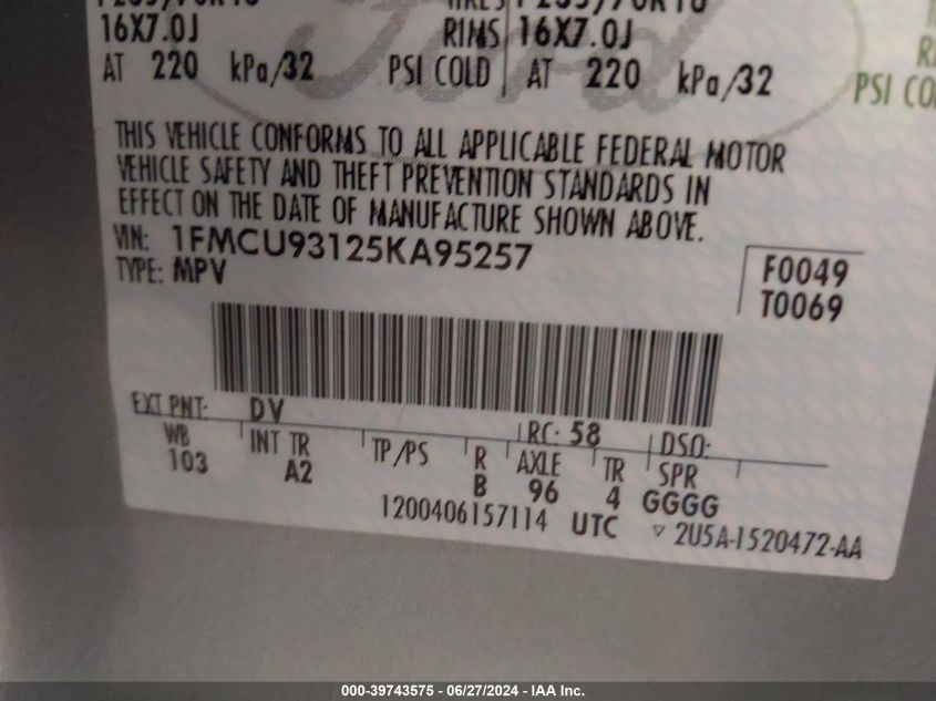 2005 Ford Escape Xlt VIN: 1FMCU93125KA95257 Lot: 39743575