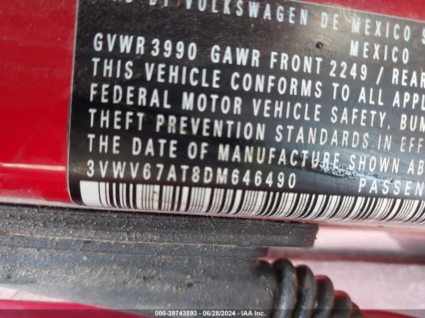 2013 Volkswagen Beetle 2.0T Turbo VIN: 3VWV67AT8DM646490 Lot: 39743593