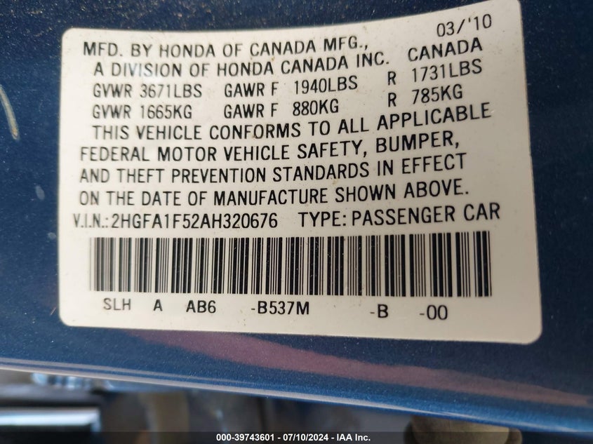 2010 Honda Civic Lx VIN: 2HGFA1F52AH320676 Lot: 39743601