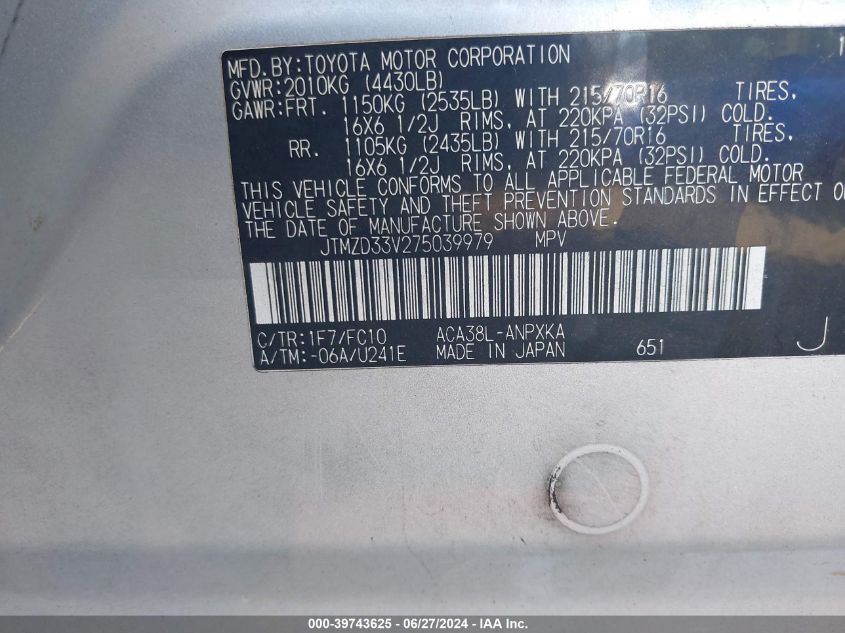 2007 Toyota Rav4 VIN: 00JTMZD33V2750399 Lot: 39743625