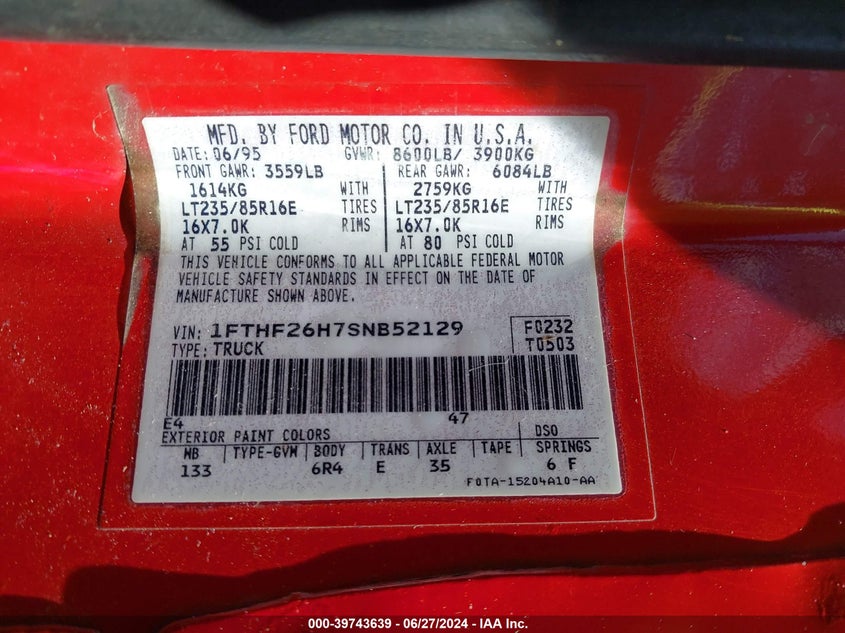 1995 Ford F250 VIN: 1FTHF26H7SNB52129 Lot: 39743639