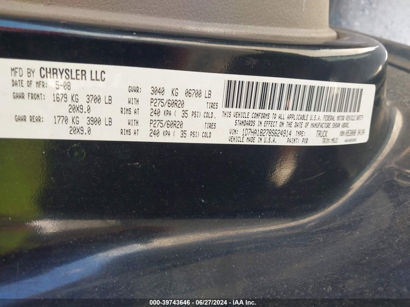 2008 Dodge Ram 1500 Slt VIN: 1D7HA18278S624914 Lot: 39743646