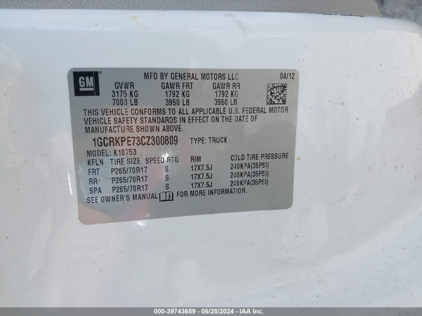 2012 Chevrolet Silverado 1500 Work Truck VIN: 1GCRKPE73CZ300809 Lot: 39743659