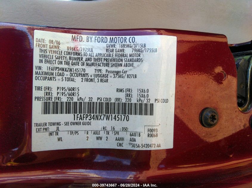 2007 Ford Focus Zx4/S/Se/Ses VIN: 1FAFP34NX7W145170 Lot: 39743667