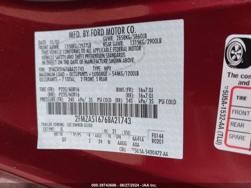 2006 Ford Freestar Se VIN: 2FMZA51676BA21743 Lot: 39743686