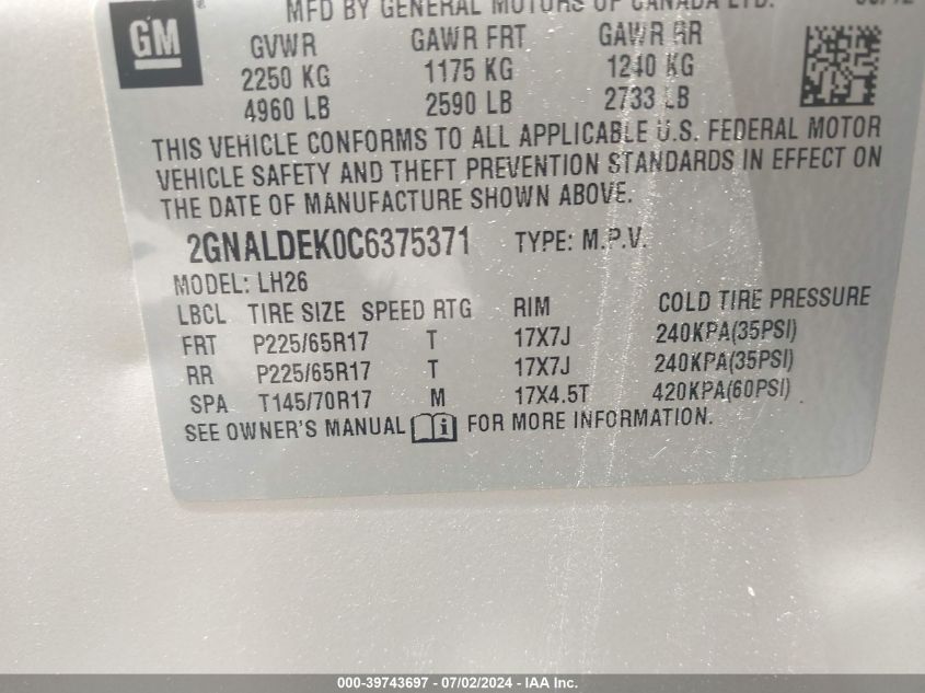 2012 Chevrolet Equinox 1Lt VIN: 2GNALDEK0C6375371 Lot: 39743697