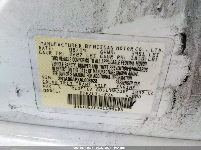 2010 Nissan Sentra 2.0/2.0S/Sr/2.0Sl VIN: 3N1AB6APXAL608628 Lot: 39743698