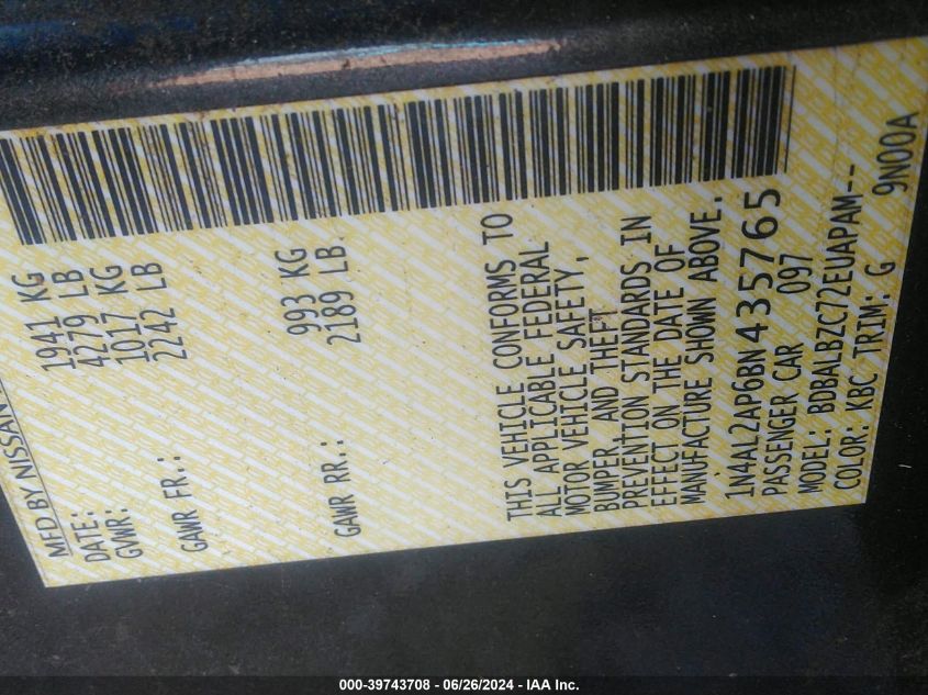 2011 Nissan Altima 2.5 S VIN: 1N4AL2AP6BN435765 Lot: 39743708