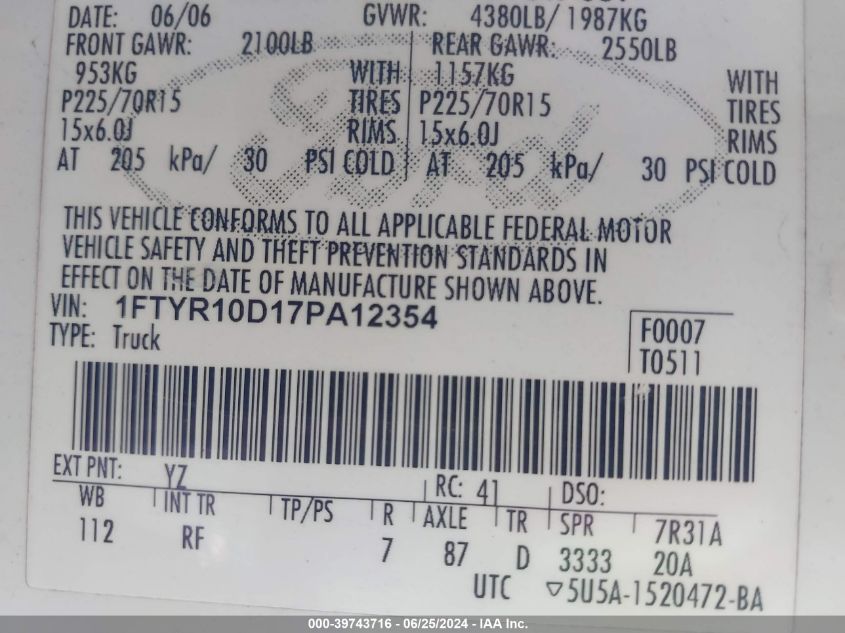 2007 Ford Ranger Stx/Xl/Xlt VIN: 1FTYR10D17PA12354 Lot: 39743716