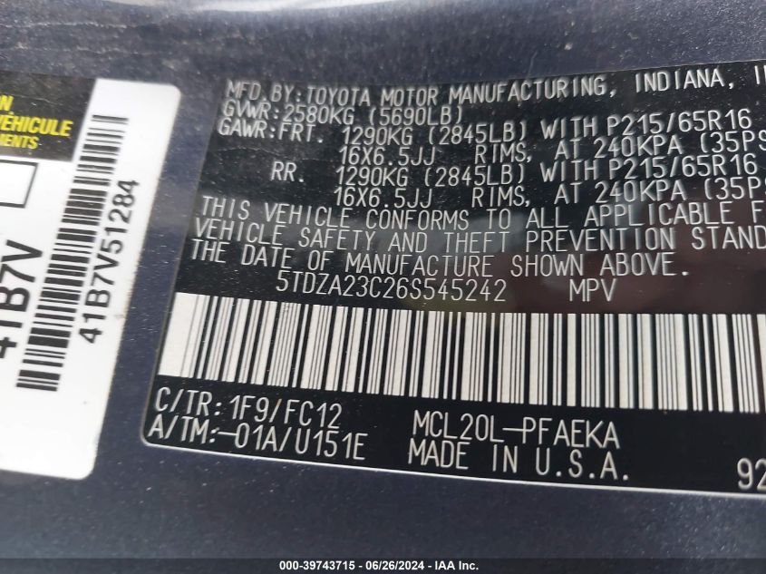 2006 Toyota Sienna Le VIN: 5TDZA23C26S545242 Lot: 39743715